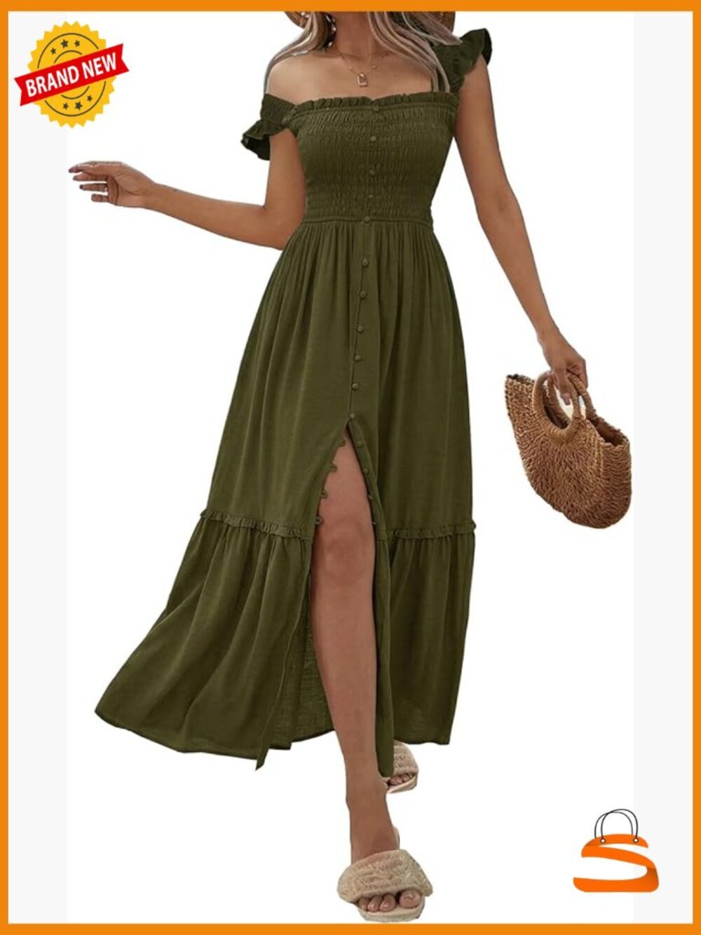 Summer Casual Midi Dress Square Neck Button Down Smocked Ruffle Strap Flowy